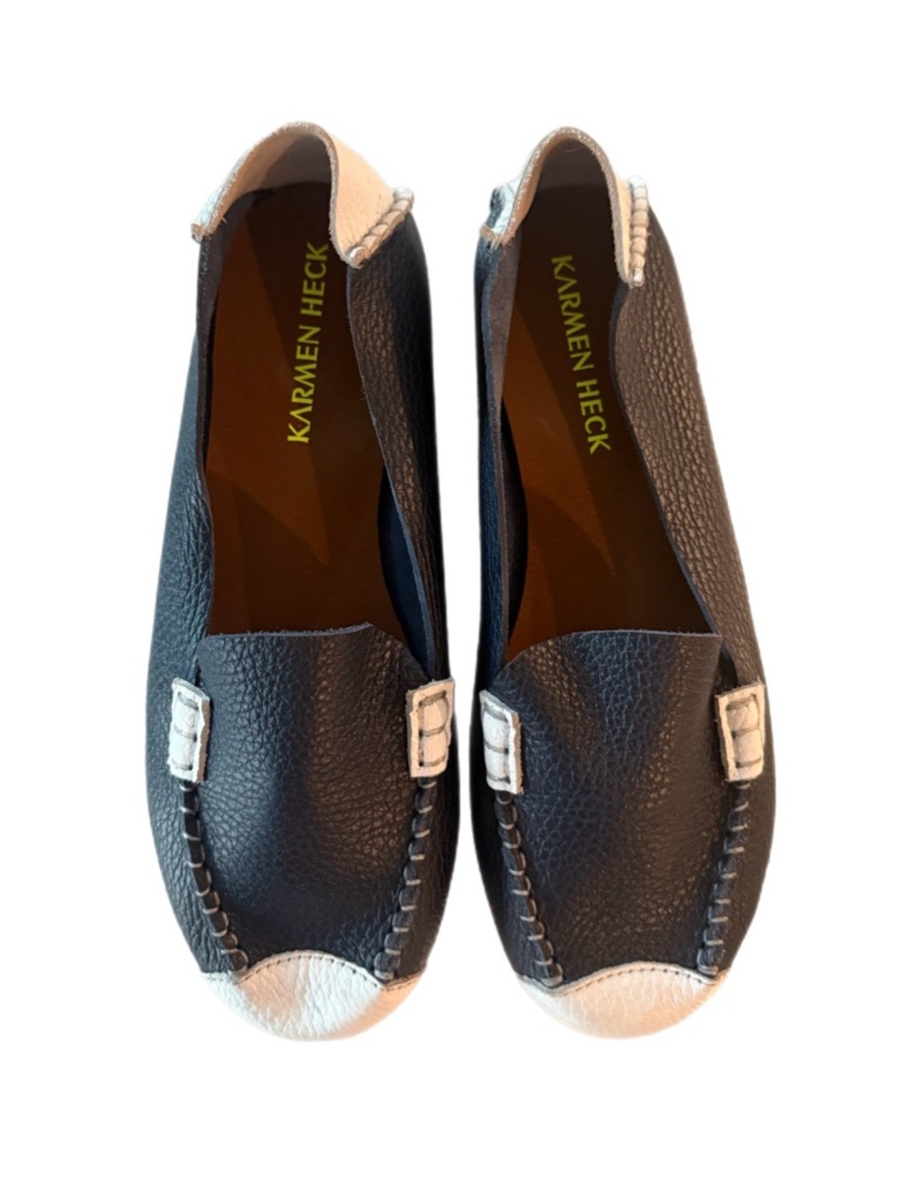 Karmen Heck Navy Leather Slip-On Loafers (Size 6.5) White Accent Flats